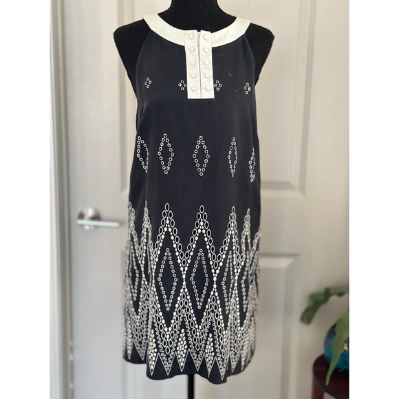 Tibi Silk Blend Sleeveless Sheath Dress Embroidered Black/Cream Sz. 10 - Picture 1 of 10